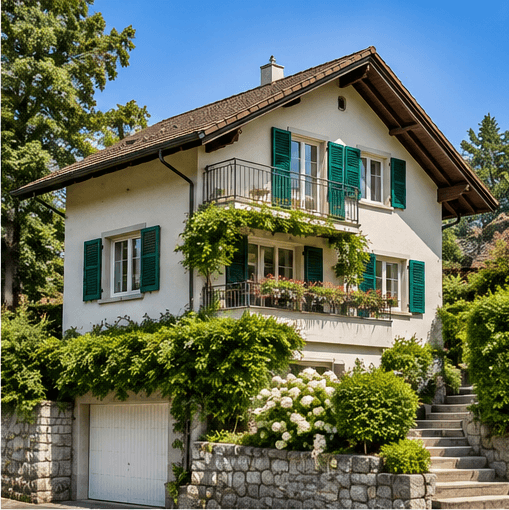 Traditionelle Schweizer Wohnarchitektur mit Holz- und Natursteinelementen sowie üppiger Bepflanzung