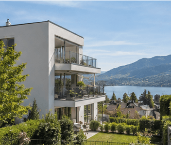 Zeitgenössische Schweizer Hangvilla mit weitläufigen Terrassen und Panoramablick auf den See